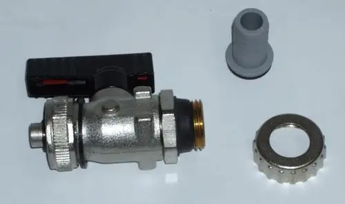 Daikin KFE-Hahn, Metallarmatur mit schwarzer Hebelvorrichtung, Verbinder, grauem Gummi-Element und schraubbarem Edelstahlring.